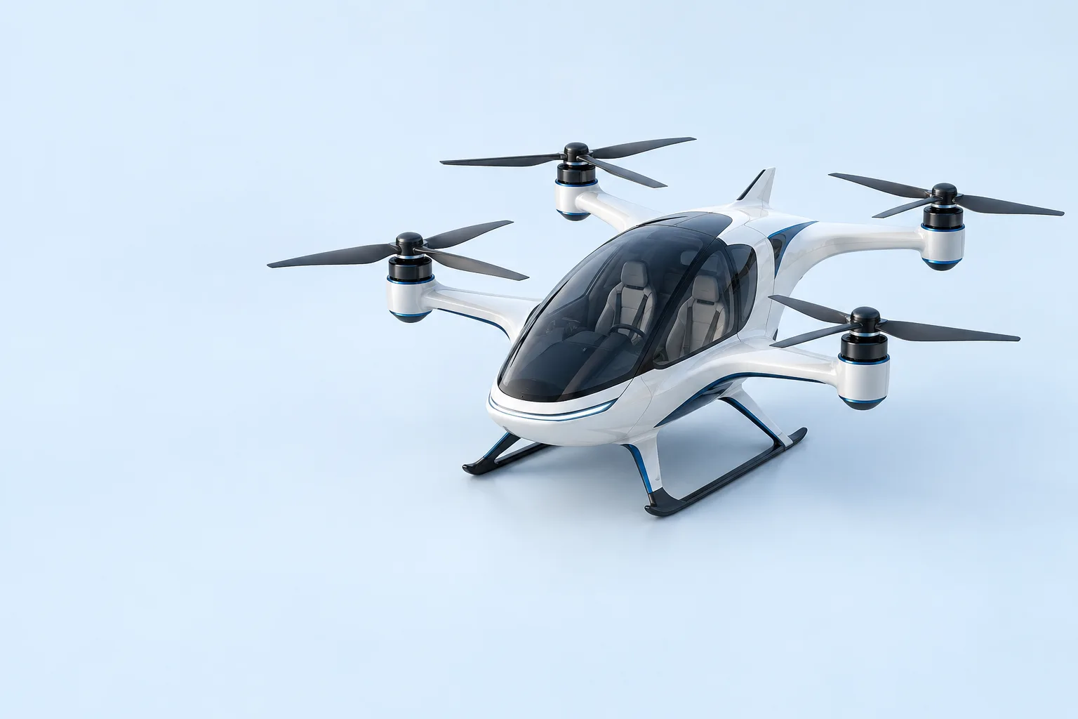 Unbranded white electric aircraft concept in a pale blue studio