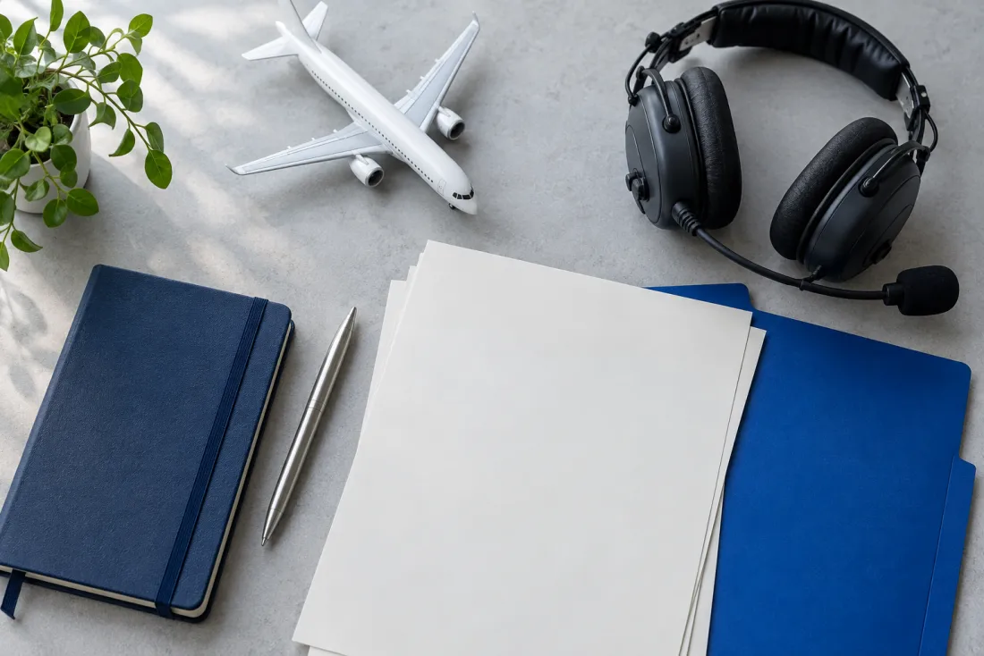 Illustrative notebook, aviation headset and blank planning papers on a desk
